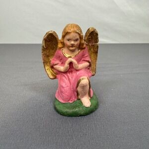 Vintage Chalkware Angel Figurine Pink Dress Praying‎ Gold Wings Germany Flaw